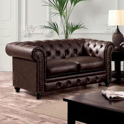 Brown Leatherette Chesterfield Style Couch Sofa Loveseat Button Tufted