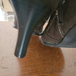 Predictions brown faux suede slouch boots featuring a high heel and a decorative buckle strap detail