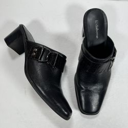Liz Claiborne Jorgen Black Leather Buckle Embellished Heeled Mules Women 8.5M