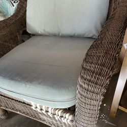 Wicker Chair With Blue Cushions. 92014