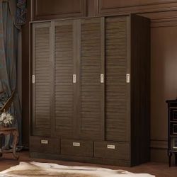 Dark Brown Wood 59.1 in. W 4-Door Big Wardwore Armoires With 4 Sliding Doors, Hanging Rods, Drawers, Storage Shelves(KF260069US-01DC-A+B)