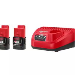 Two Milwaukee M12 2ah Batteries and Charger Kit