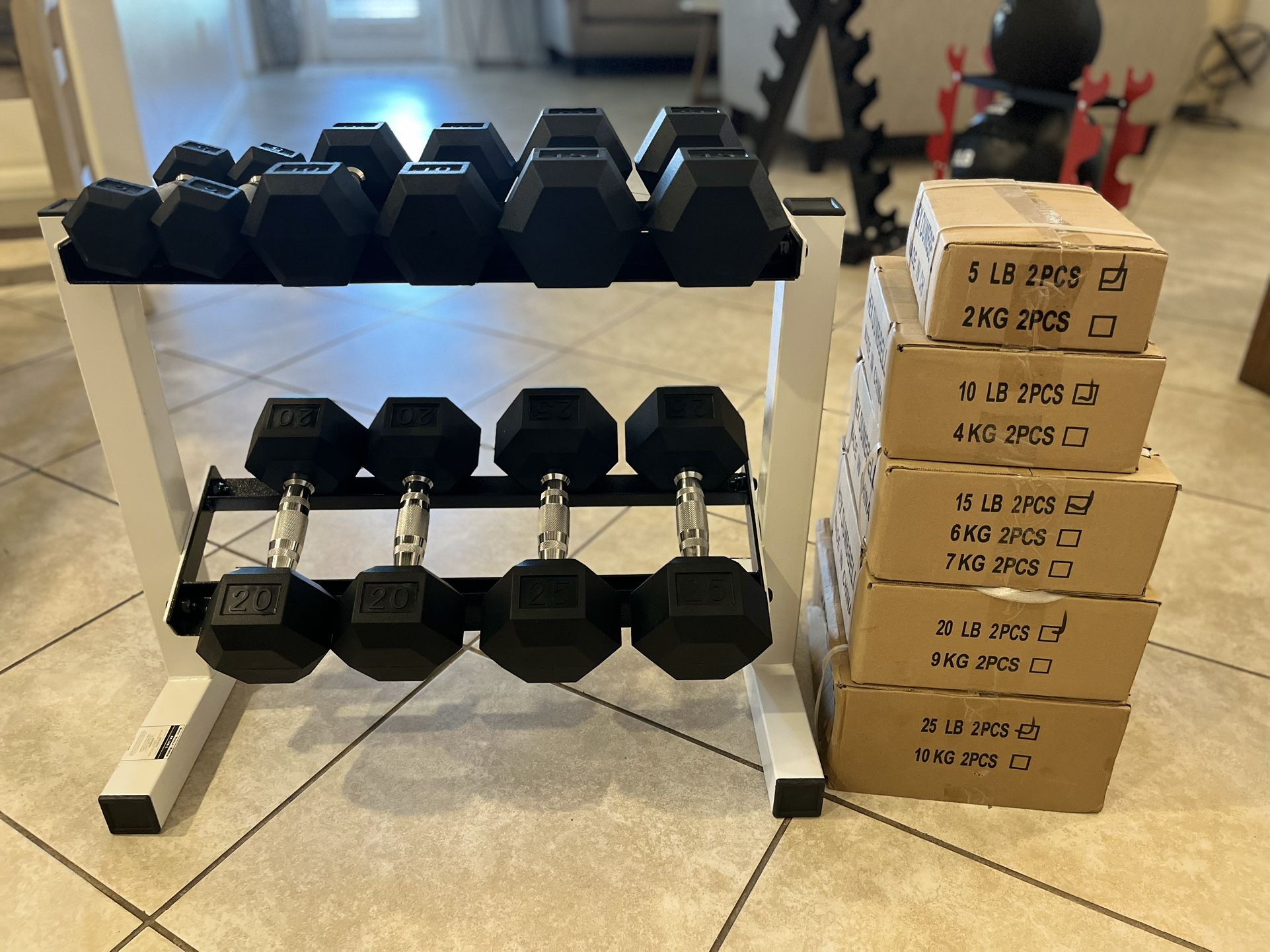 Set Dumbells with Rack ALL BRAND NEW IN BOX Set (5/10/15/20/25) 150 Lbs Rack capacity 450 Lbs