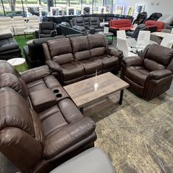 Living Room Brown Recliner 3 PCs Sofa Set / Juego de sofás reclinables Marron para sala de estar de 