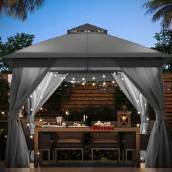 LAUSAINT HOME Patio Gazebo 10'x10', Outdoor Heavy Duty Party Tent Shelter with Double Roofs, Mosquito Nettings and Privacy Screens for Backyard,