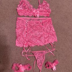 New large pink lace lingerie bra panty skirt set festival rave heart rhinestone