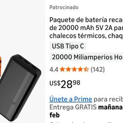 20000mAh 5V 2A Rechargeable Battery Pack for Heated Vests, Jackets, Power Bank for Heated Vests, Coats, Hoodies, Battery Pack for Men