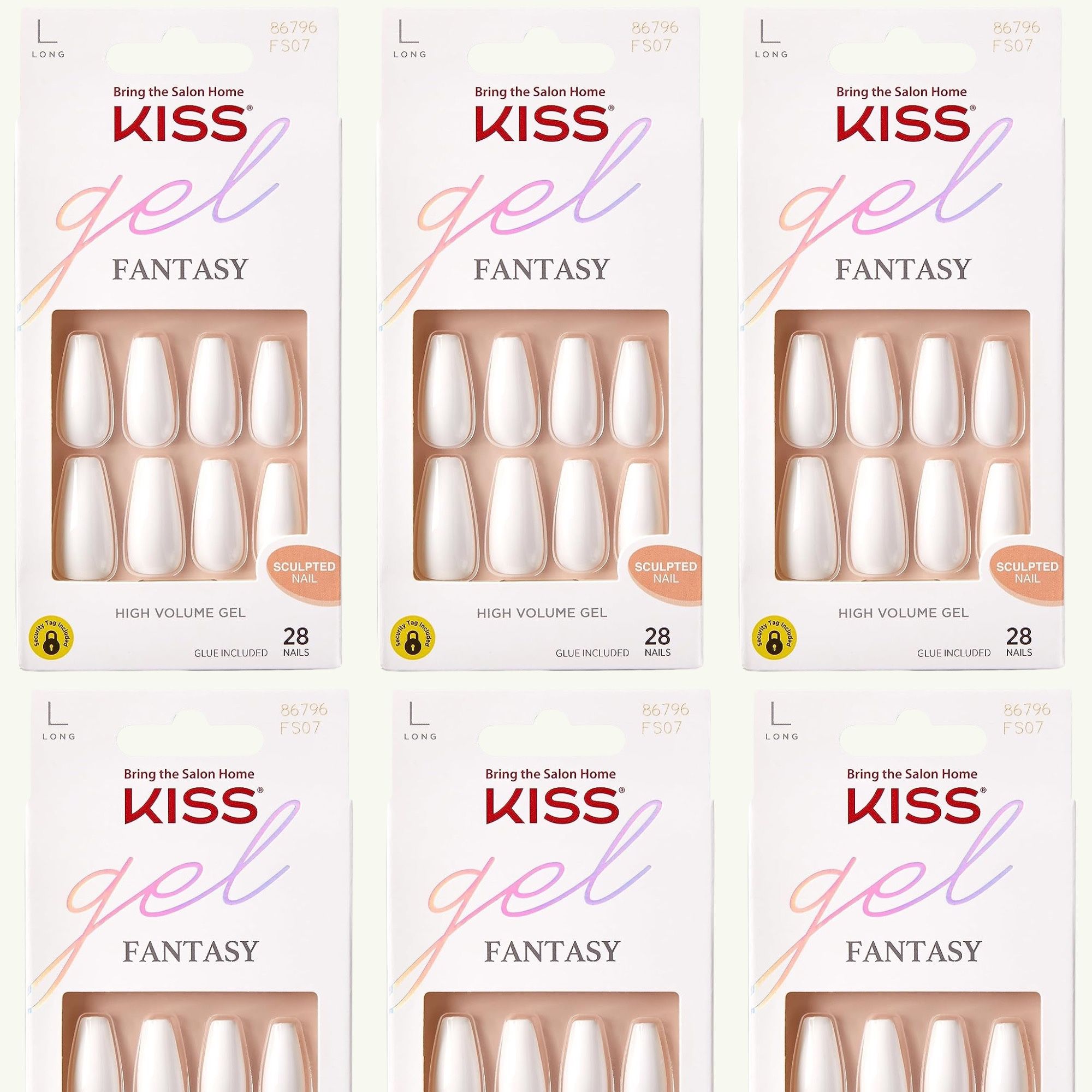 6 Of KISS Gel Fantasy Collection Sculpted Fake Nails Manicure Set, True Color', with Nail File and Glue & 28 Glue-On Nails