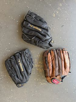 3 Used Baseball / Softball Gloves Lot - Mizuno & Rawlings (RHT & LHT Mixed)
