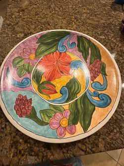 18” Hand-Painted Decorative Ceramic Platter – Beautiful Floral Design