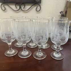  Wine Glass Frosted Goblet Etched Gold Rim  (8) 