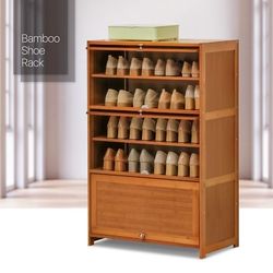 28" Bamboo [MAGNETIC FLIP-UP DOORS] 6 Tiers Shoe Cabinet High Heels Storage Rack