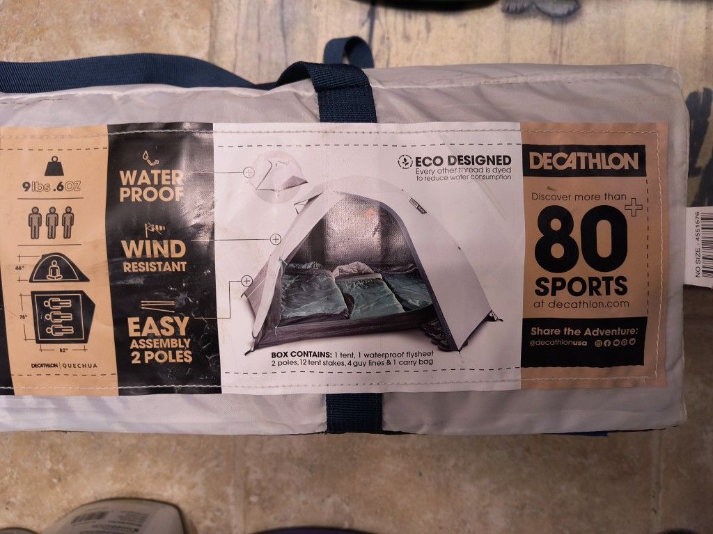 Decathlon MH100 Camping And Backpacking Fresh & Black 3 Person Tent, New