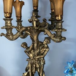 Very Heavy Metalic  Two Pieces Lamp. With Two Figures. 5 Lights. Baught From Italy. Very Beautiful Figures Holding  Lights. Very Unick . Extra Beautif