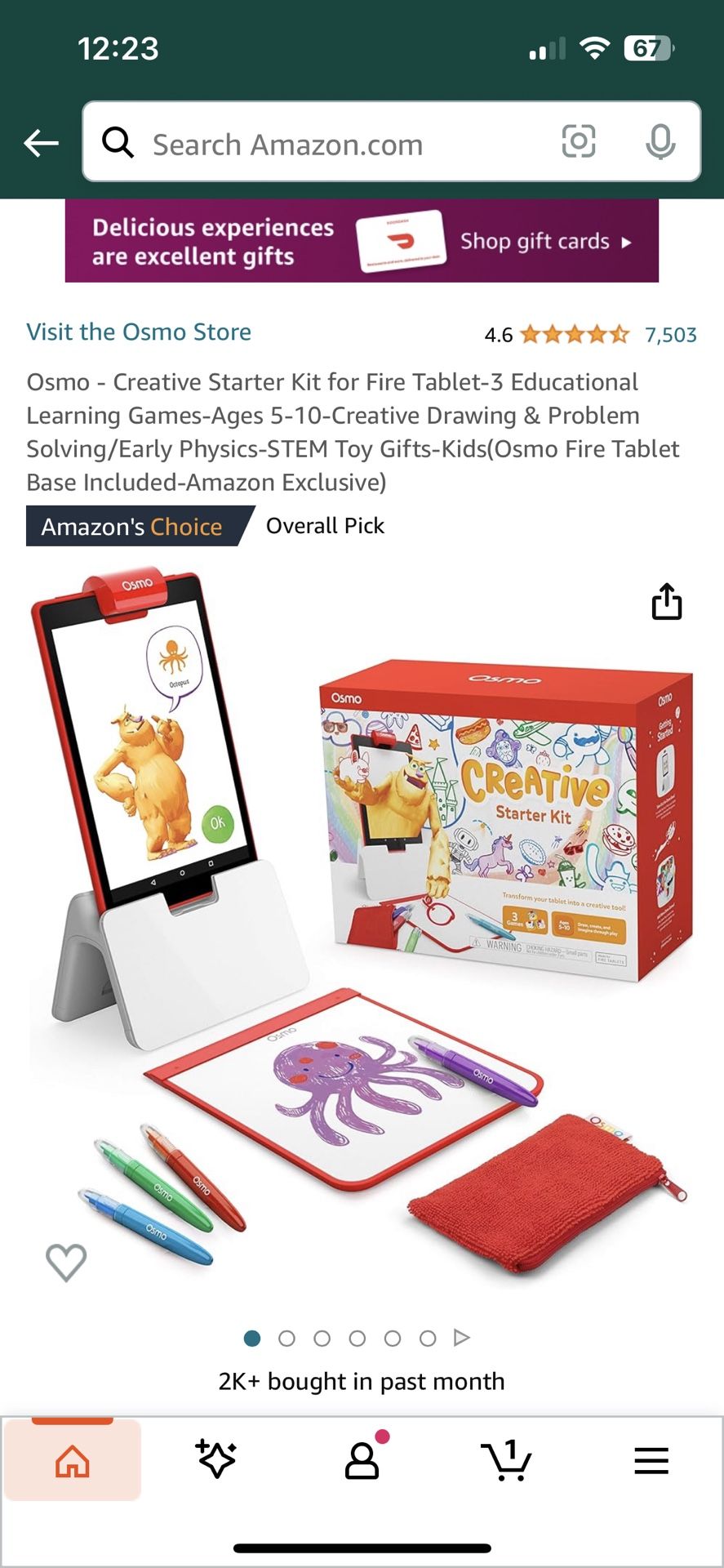 Osmo - Creative Starter Kit for Fire Tablet-3 Educational Learning Games-Ages 5-10-Creative Drawing & Problem Solving/Early Physics-STEM Toy Gifts-Kid