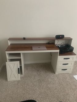 65" Farmhouse Computer Desk with Drawers and Printer Stand for Home Office Office Desk with Power Outlets and Storage Cabinet, Study Writing Desks wit