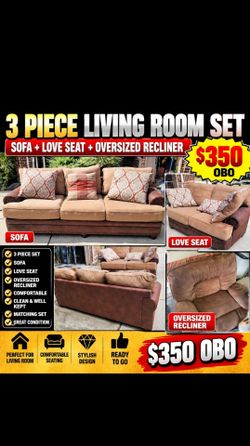 🔥 3-Piece Living Room Set – Sofa, Loveseat & Oversized Recliner – $350 OBO 🔥