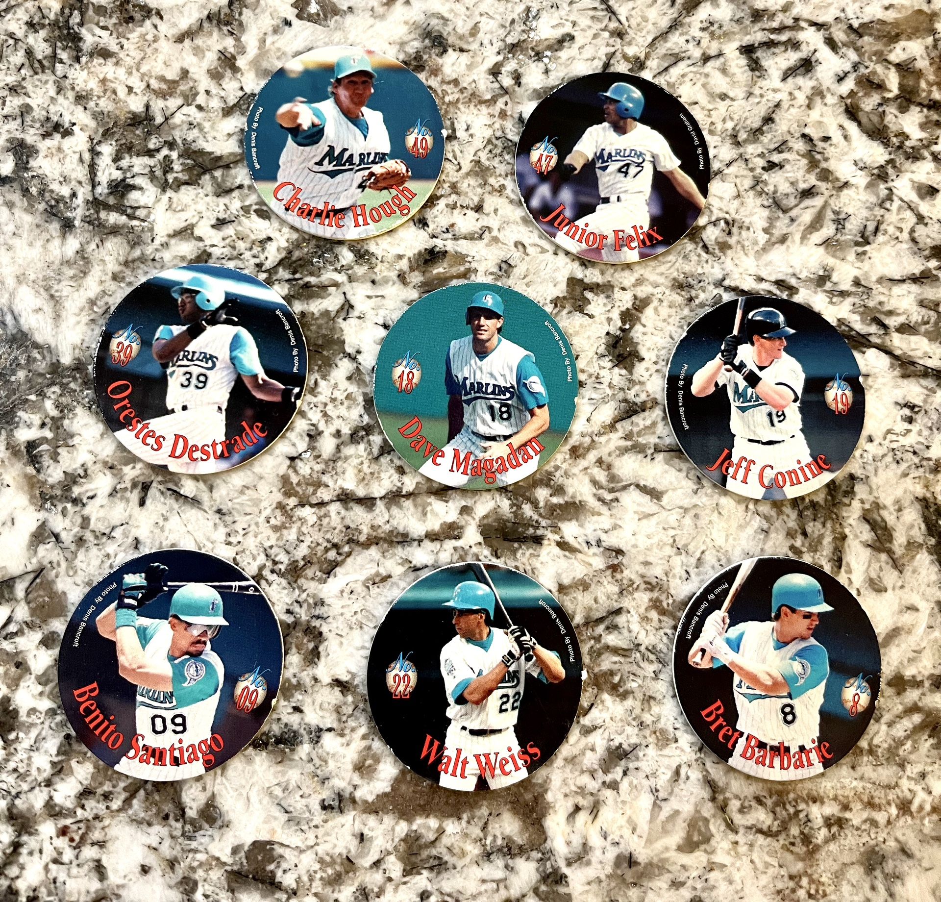 Set Of Eight Vintage 1995 Miami, Florida Marlins, Pogs, Milk, Caps, Blockbusters Collection, Limited Edition