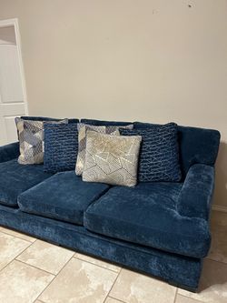 Blue Velvet Sofa with Accent Pillows