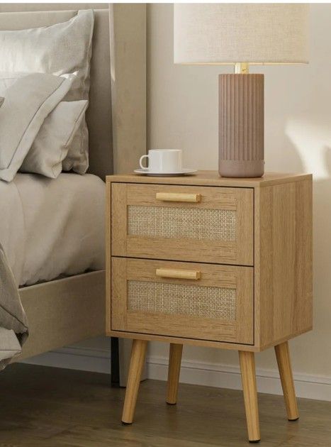 Nightstand Set 2 End Table, Side Table with 2 Hand Made Rattan Decorated Drawers, Wood Accent Table with Storage for Bedroom, Natural