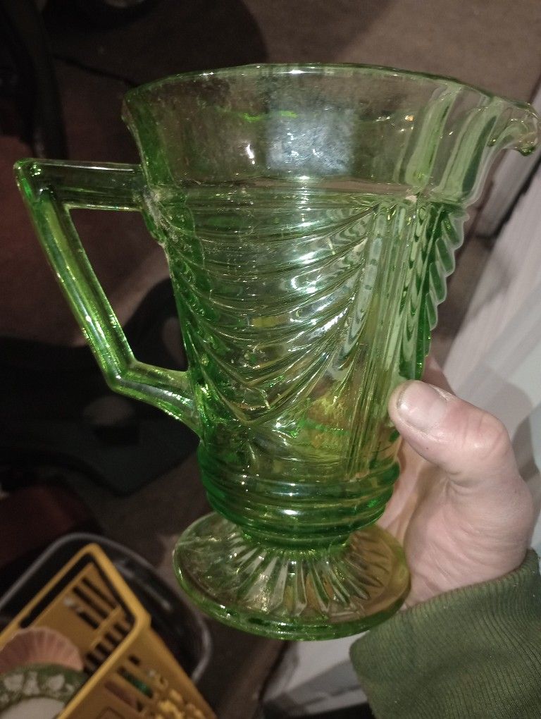 1950's Vintage Green Depression Glass Pitcher