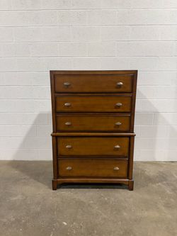 Lifestyle Solutions 5 Drawer Tall Chest Dresser Walnut Brown Wood Tone Silver Hardware Bedroom Storage