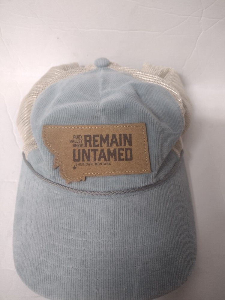 Ruby Valley Brew - Remain Untamed - Sheridan Montana Baseball Hat Cap. Bue Tan