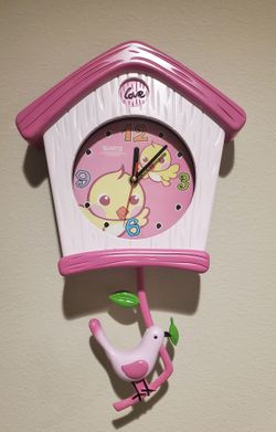 Pink Wall Clock with Swinging Bird Pendulum