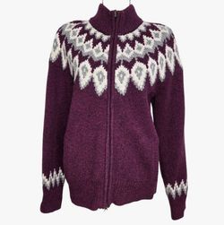 L.L.Bean Sweater 100% Lambs Wool Plum Purple Fair Isle Pockets Small Full Zip