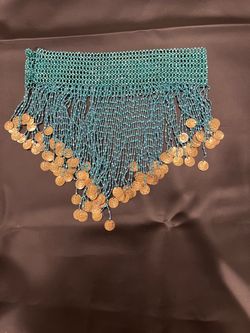 Teal Beaded Belly Dance Hip Scarf with Gold Coins