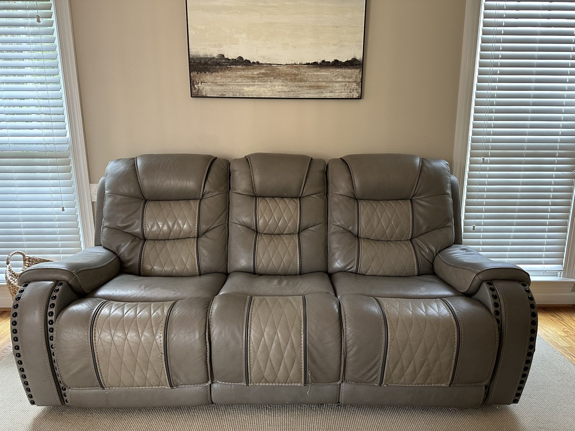 Gray Leather Manual Reclining Couch and Power Reclining Chair