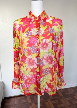 Maggy L women’s 100% Silk multicolored Floral print button up blouse size small