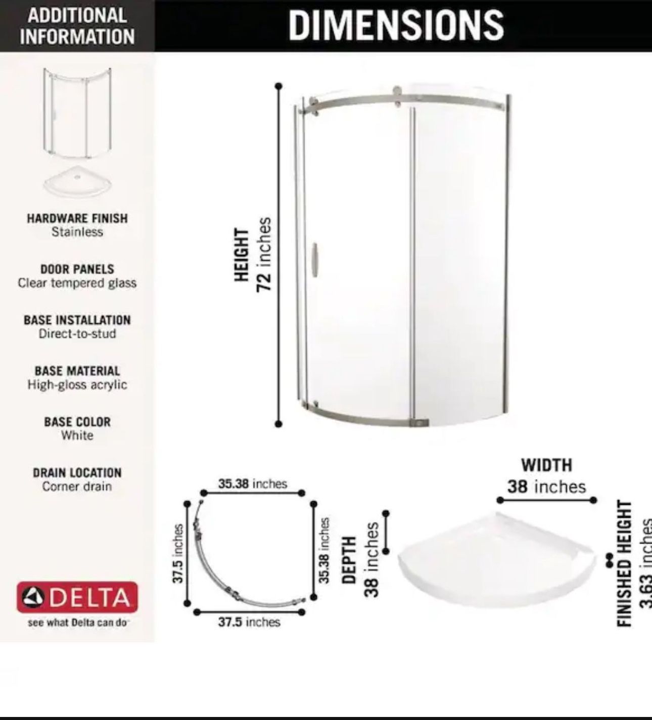 Delta Classic 38 in. W x 72 in. H Round Sliding Frameless Corner Shower Enclosure in Stainless Steel