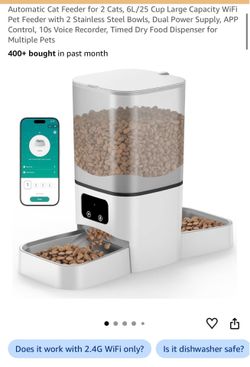 Automatic Cat Feeder for 2 Cats, 6L/25 Cup Large Capacity WiFi Pet Feeder with 2 Stainless Steel Bowls, Dual Power Supply, APP Control, 10s Voice Reco