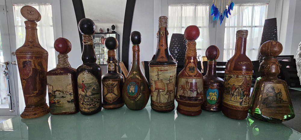 Leather wine bottles from Italy.