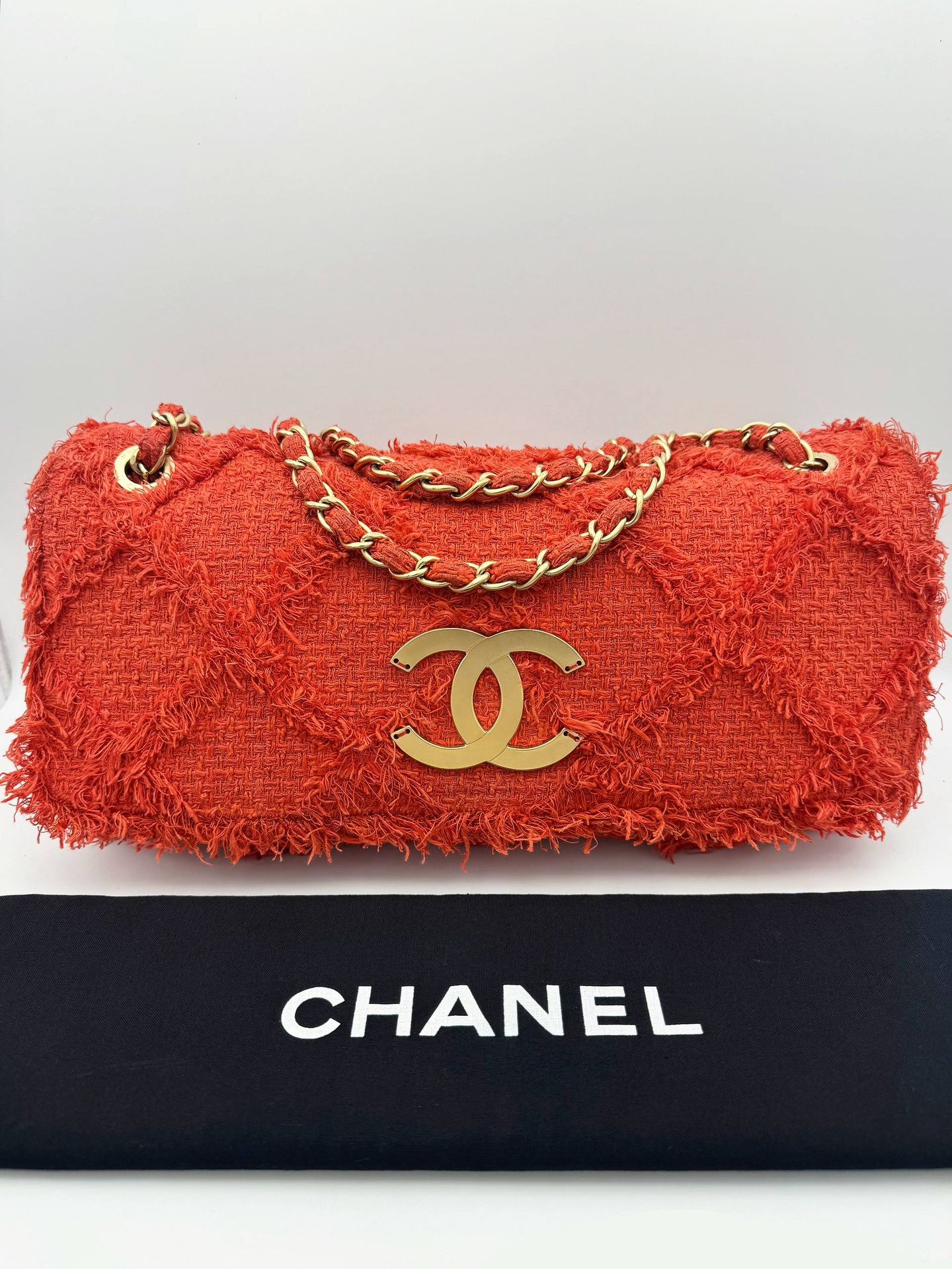 Chanel Red Jumbo CC Tweed Nature Flap Shoulder Bag & Dust bag