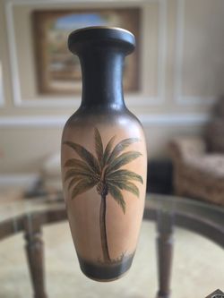 Hand-Painted Ceramic Floor Vase with Palm Tree Design 24" High READ DESCRIPTION!