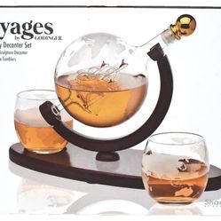 New in Box Voyages Decanter Set Glass Ship Sculpture & 2 Globe Glasses