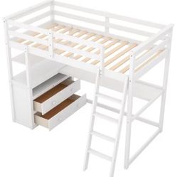 New, White, Wooden, Twin Loft Bed With Desk And Shelves