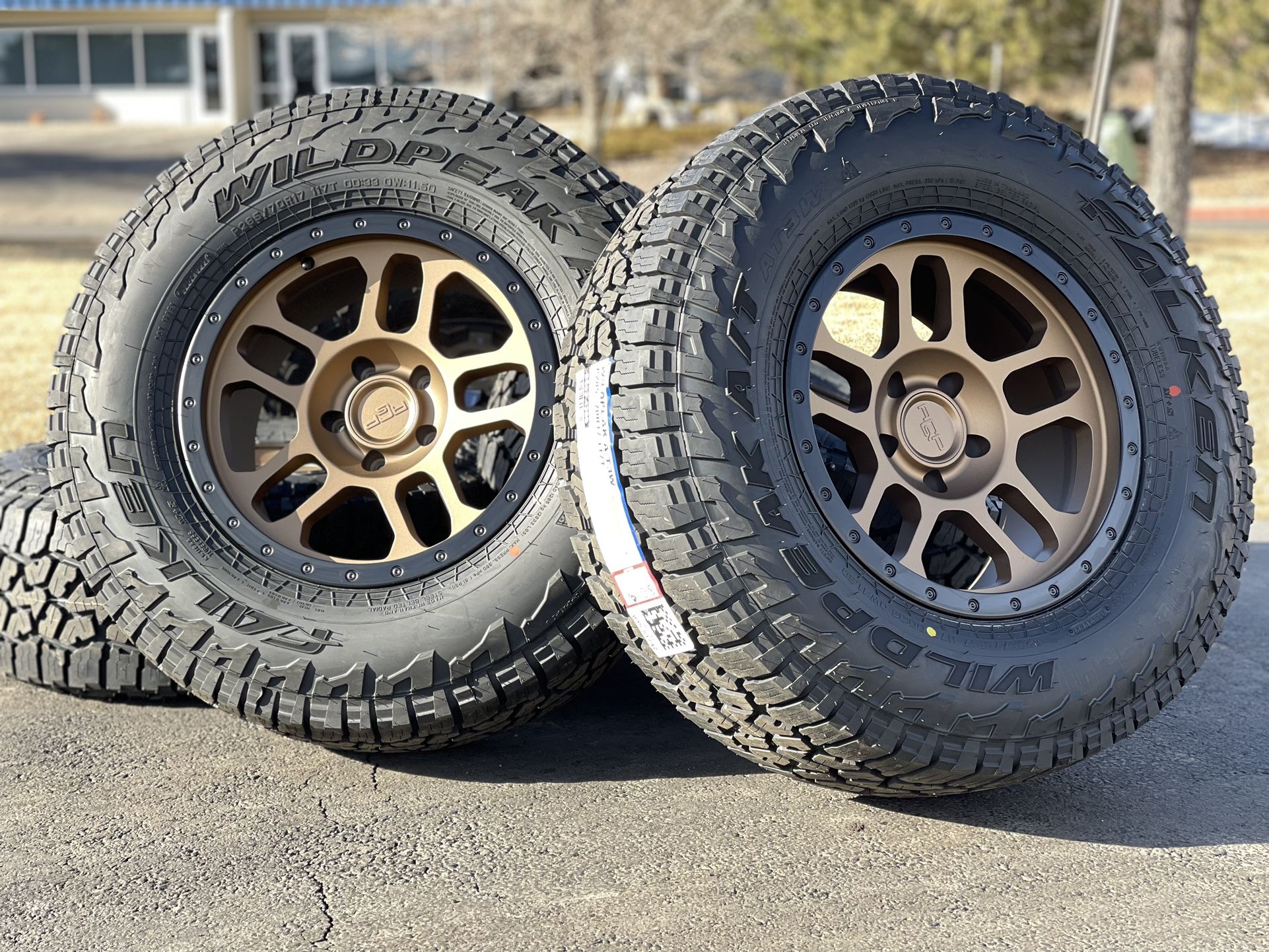 Bronze Wheels Jeep Rubicon Set of 5 NEW 5x127 Rims JL Wrangler JK Gladiator Falken 285/70R17 A/T Tires
