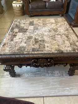 Ornate Coffee Table with Marble Tile Top