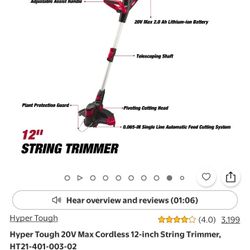 Hyper Tough 20V Max Cordless 12-inch String Trimmer, HT21-401-003-02