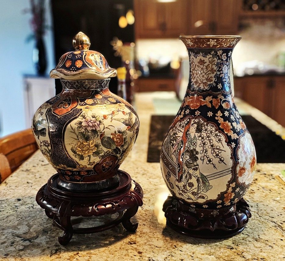 2 Antique Oriental Vases W/ Stands ( Sold As A Pair)