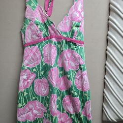 Lilly Pulitzer Halter Tulip Print Dress Womens 10 Green & Pink Cotton Blend