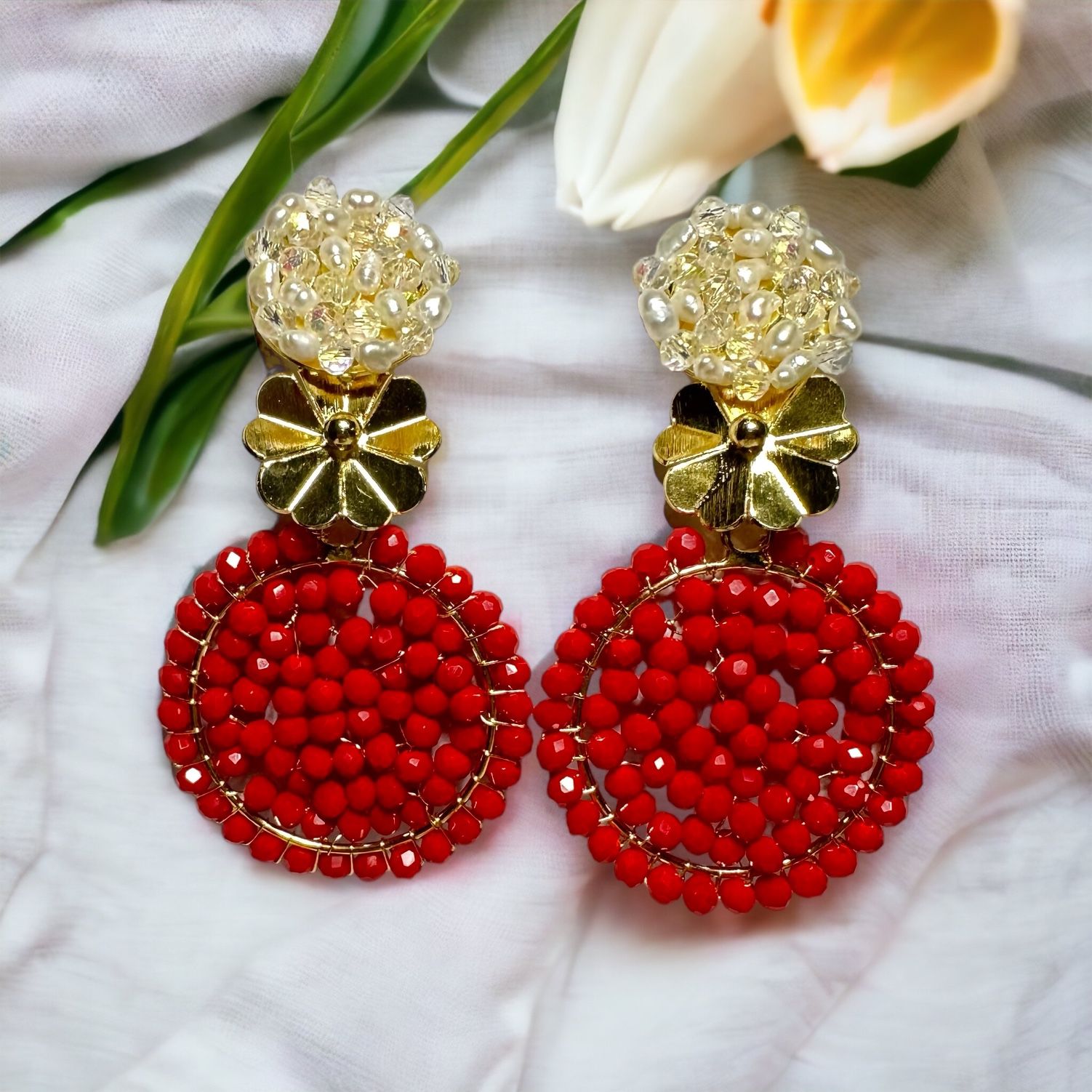 Hand Made Red With Pearls Earring 