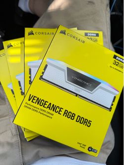 Brand new Corsair VENGEANCE RGB DDR5 RAM, White Up to 6000MT/s. Two RAM sticks per box, $250 per box.