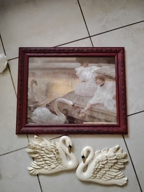 Vintage Swan Picture No Shipping With Wall Hangings All Three Pieces