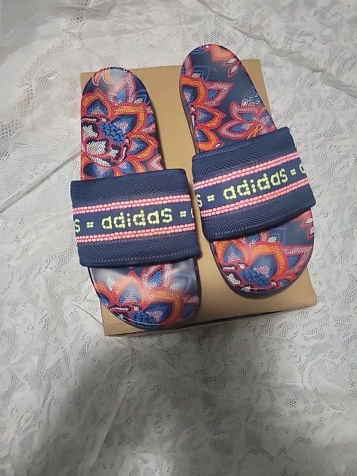 Adidas Floral Slide Sandals with Embroidered Band