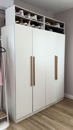 Modern White 4-Door Wardrobe Closet with Light Wood Handles