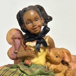 African American Girl With Bunny And Butterfly Doll Figurine Keepsake Shelf Sitter